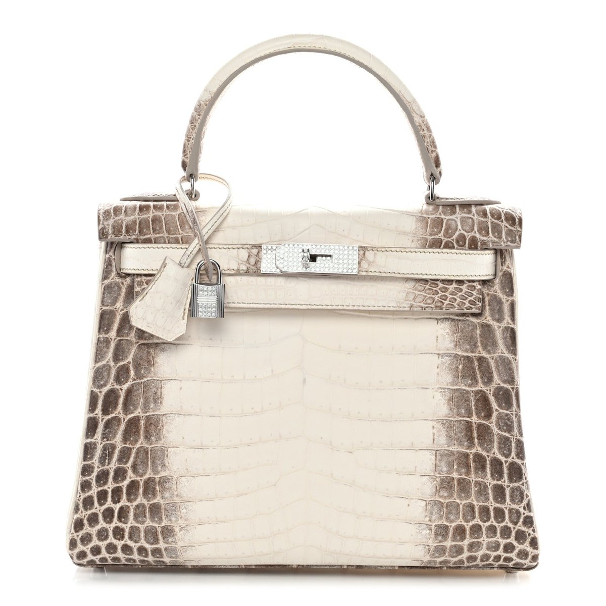 A matte white crocodile handbag with a top handle, a turn-lock flap and a padlock.