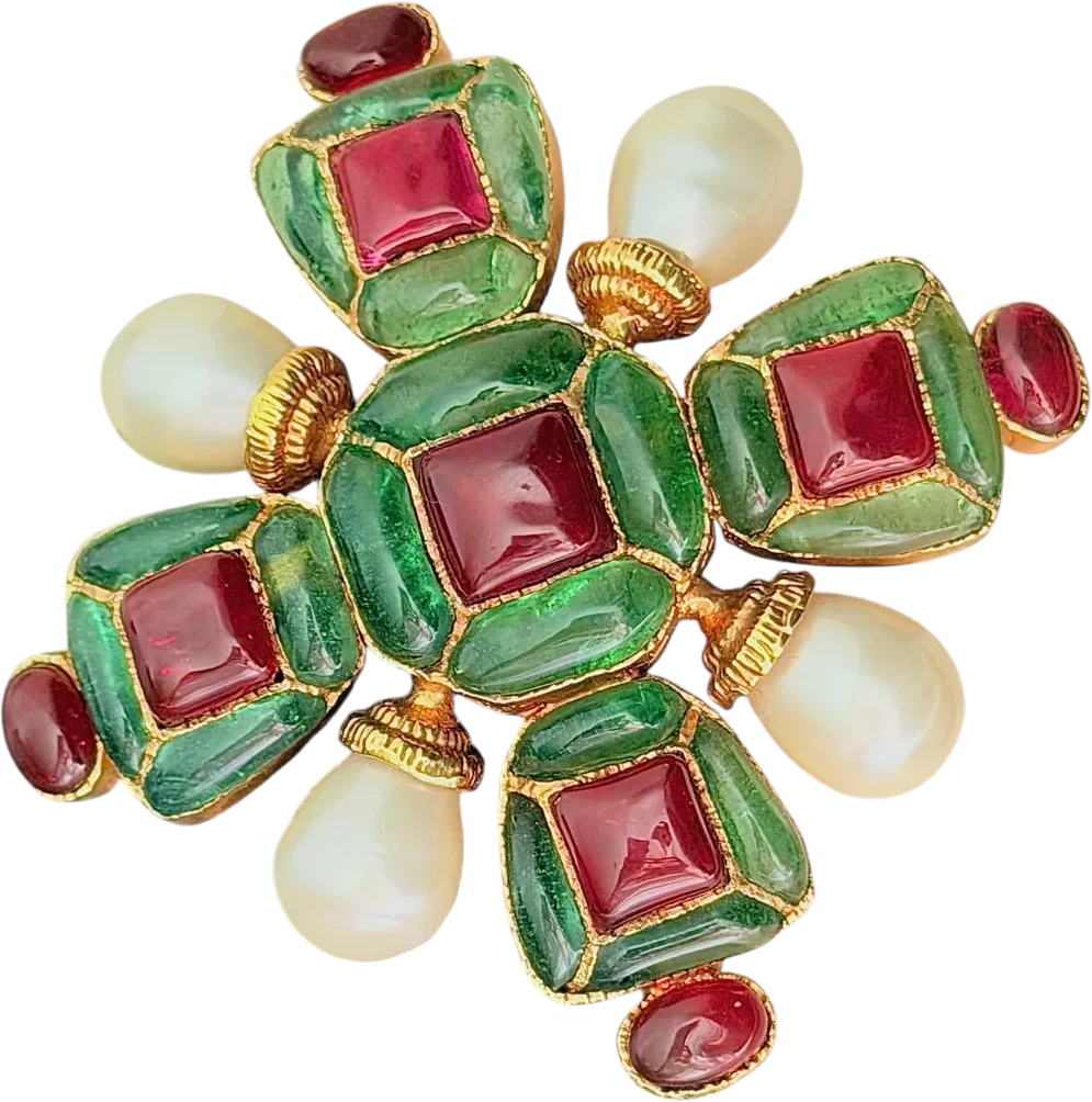 A vintage Maltese cross brooch of ruby and emerald poured glass with pearls.