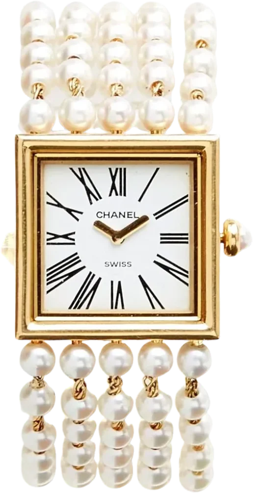 A watch with a square gold case on a bracelet of pearl strands.